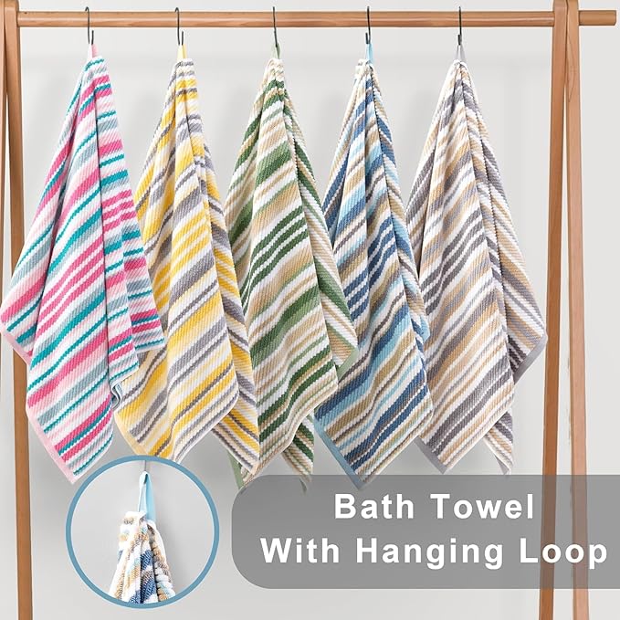 VOOVA & MOVAS 13"x13" Aqua Striped Washcloths (6 Pack) - 100% Cotton Ultra Soft Absorbent Quick Dry Towels | Luxury Decorative Bathroom Set with Blue + Gray Striped Design