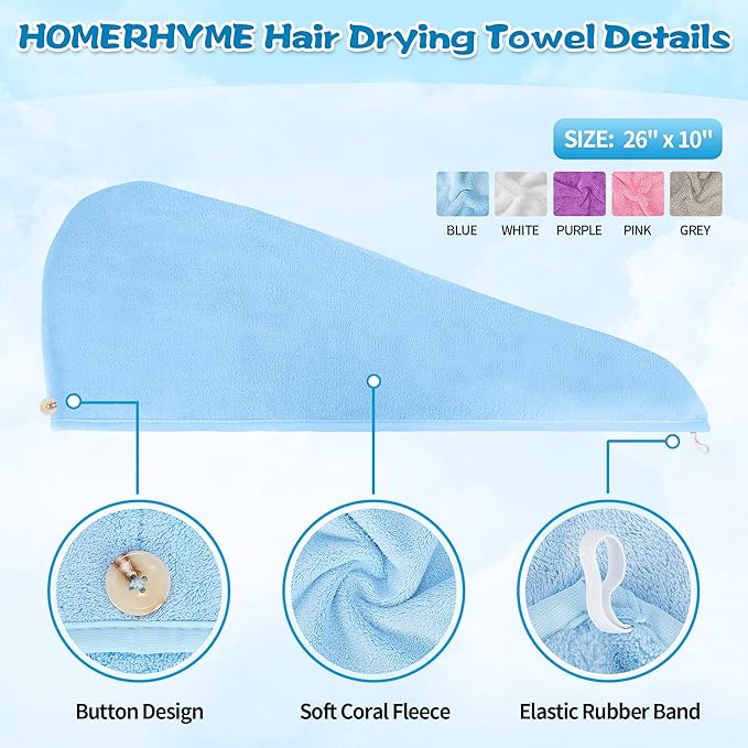 Hair Towel Wrap, 5 Pack Quick Dry Hair Wrap, Highly Absorbent Adjustable Soft Towel Wrap, Anti Frizz Hair Turban with Button & Elastic Loop Hair Towels for Women Wet, Curly, Long Hair