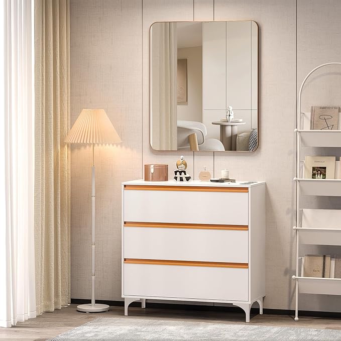OmySalon Salon Station for Hair Stylists, Free Standing Barber Cabinet with 3 Drawers, Hair Dryer Holders & Square Mirror, Modern Beauty Vanity for Salon, Spa, White Gold