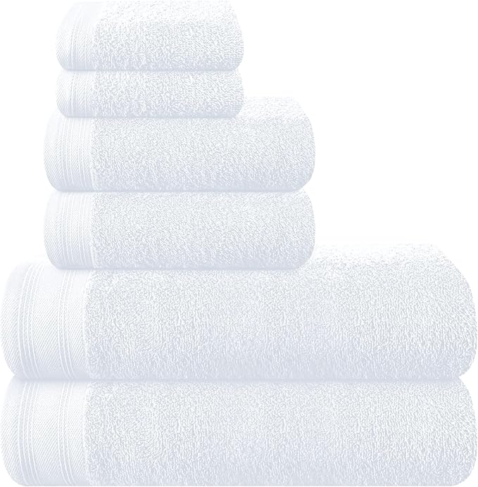 Ultra Soft 6 Pack Cotton Towel Set, Contains 2 Bath Towels 28x55 inch, 2 Hand Towels 16x24 inch & 2 Wash Coths 12x12 inch, Ideal Everyday use, Compact & Lightweight - White