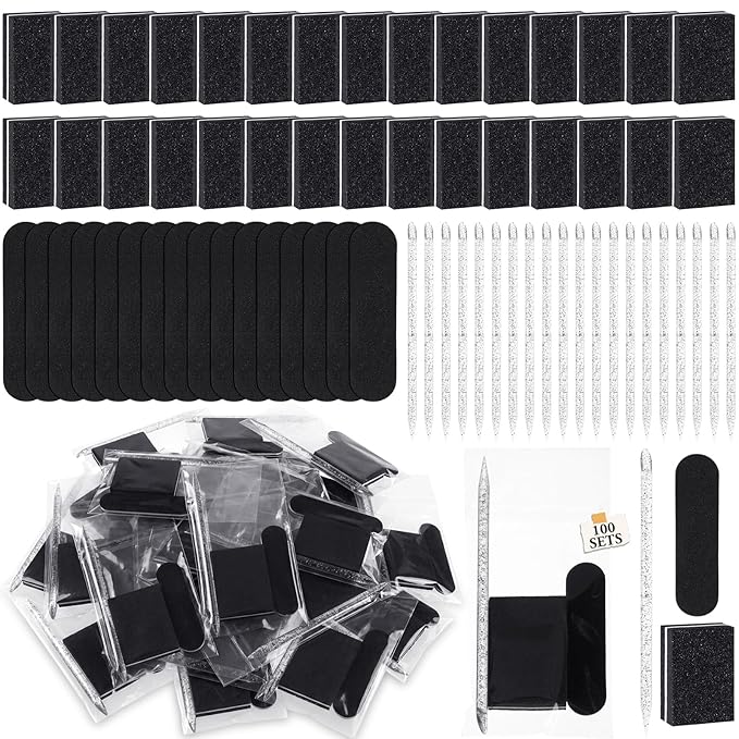 100 Sets Disposable Manicure Kit Individually Package Nail Tech Must Haves Pedicure Set with Mini Nail File Buffer Cuticle Stick Tool for Salon Home Gifts