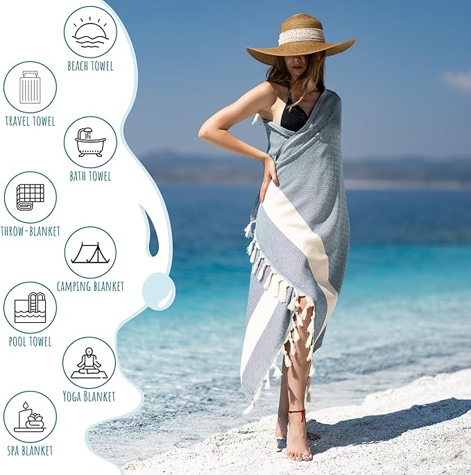 Turkish Beach Towels Oversized Clearance XL 40x71- Sand Free Beach Towel- 100% Cotton Soft Quick Dry Towel- Extra Large Travel and Pool Towels for Adults- Cloud Sandproof, Beach Essentials for Women
