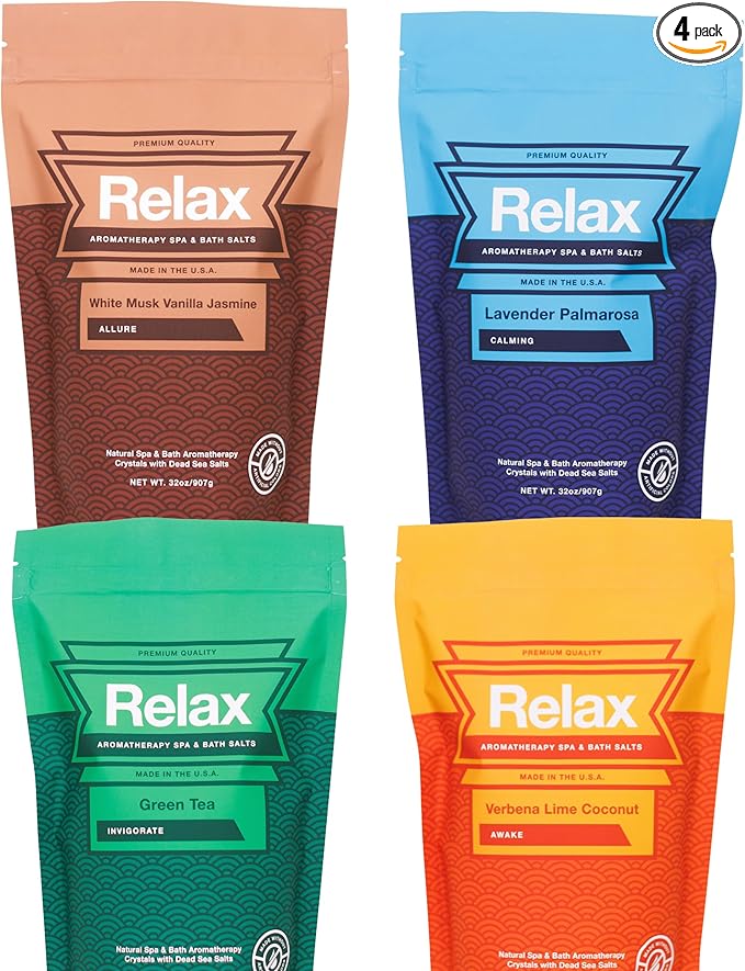 Relax Spa & Bath Aromatherapy Variety Pack Bath Salts for Hot Tub, Bath, or Spa, Four 2LB Bags Infused with Magnesium, Bath Salt for Soaking, Escape Line Scent