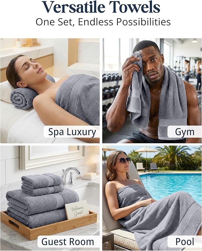 LANE LINEN 100% Cotton Towels Set for Bathroom - 16 Piece Family Pack - Soft, Absorbent & Quick Dry - 4 Bath, 8 Washcloths, 4 Hand Towels - OEKO TEX Certified, Machine Washable & Durable - Cool Grey