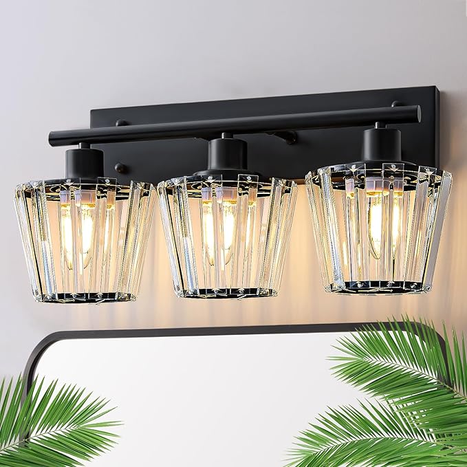 Bathroom Light Fixtures, 3-Light Vanity Light with 3 E26 Bulbs, Modern Crystal Bathroom Lighting Fixtures Over Mirror, Vanity Lights for Bathroom Living Room Hallway Kitchen