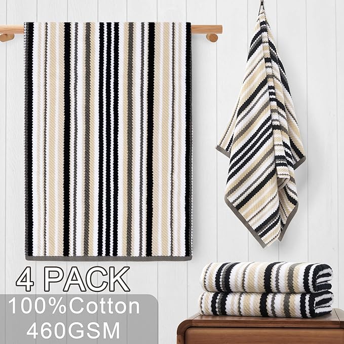 VOOVA & MOVAS Shower & Bathroom Black Striped Bath Towels (Set of 4, 28"x52") - 100% Cotton Lightweight Super Soft Highly Absorbent Quick Dry Towels with Hanging Loop | Gray & Black Striped