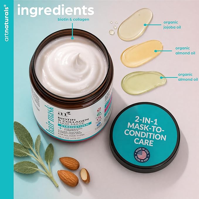 Artnaturals Biotin & Collagen Hair Mask – Strengthening & Volumizing Treatment for Fuller, Thicker Hair – With Jojoba, Almond & Sage Oils – Vegan, No Parabens or Sulfates – 16.9 oz