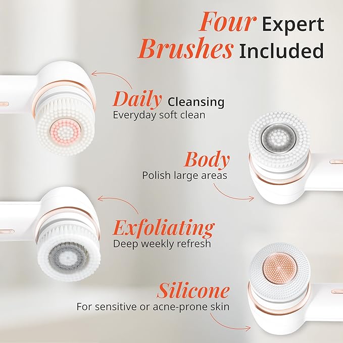 Raedia 2.0 Handheld Facial Cleansing Brush with 4 Interchangeable Brush Heads by Vanity Planet - Lightweight Daily Cleansing Brush for Glowing Skin - Water Resistant Face Exfoliator - Grey
