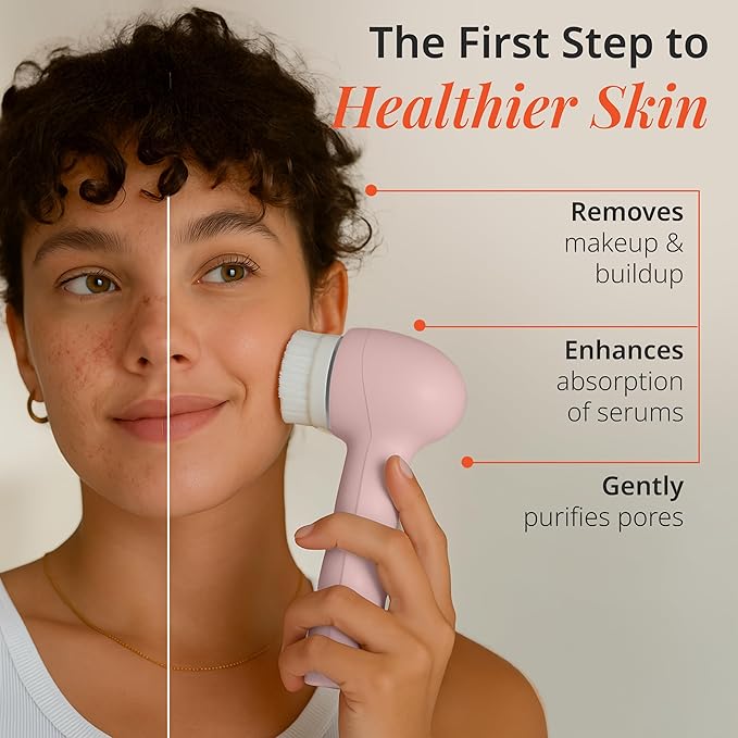 Raedia 2.0 Handheld Facial Cleansing Brush with 4 Interchangeable Brush Heads by Vanity Planet - Lightweight Daily Cleansing Brush for Glowing Skin - Water Resistant Face Exfoliator - Pink