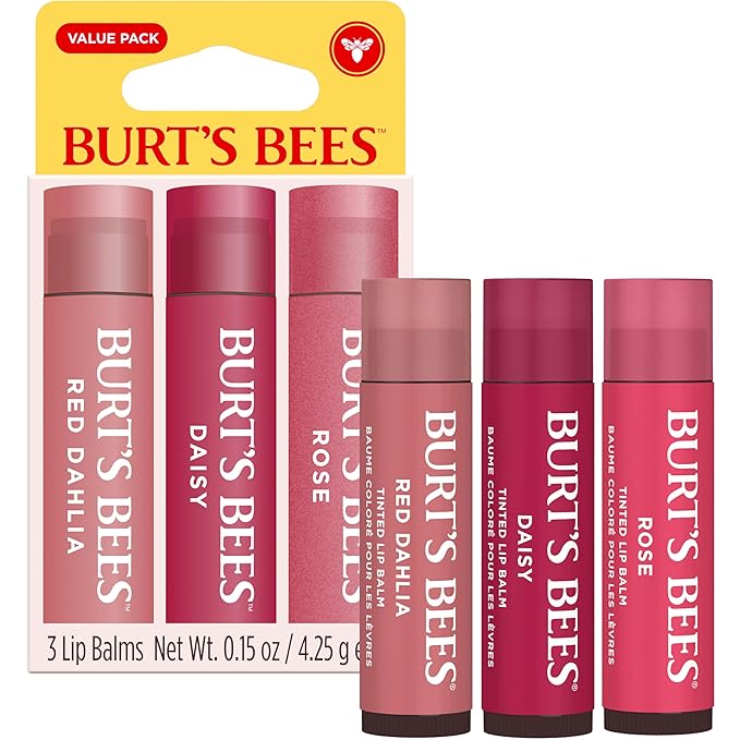 Burt’s Bees Tinted Lip Balm, Mothers Day Gifts, Value Pack Includes 3 Lip Balms: Red Dahlia, Daisy and Rose; 8 Hour Moisture; Nourishing Shea Butter; 100% Natural Origin; 3 Tubes