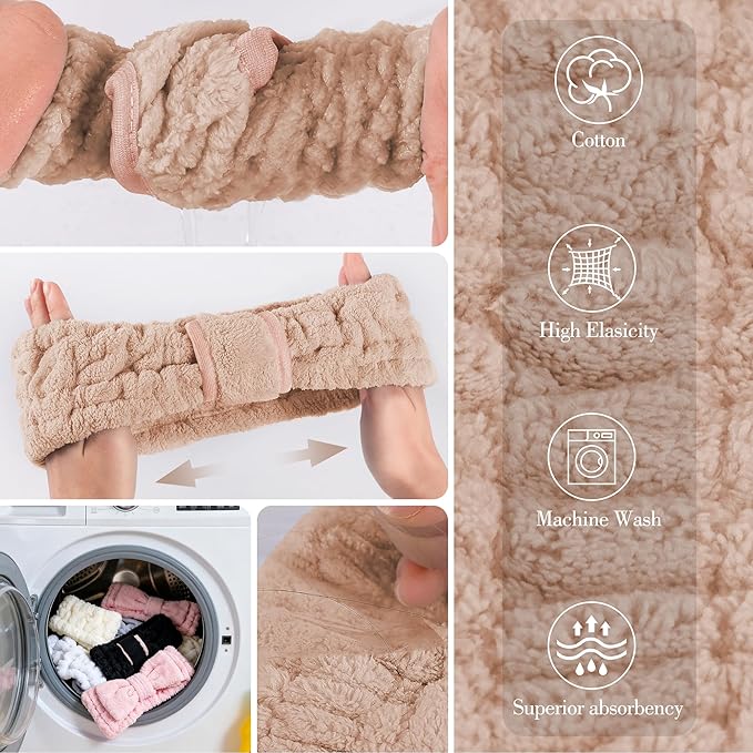 DiyJibb 9 Pcs Spa Headband for Washing Face,Skincare Headband and Wristband Set,Women Teen Girls Facial Hairbands for Washing Face, Makeup, Sports, Yoga (apricot + pink + grey)