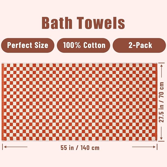 Jacquotha Ultra Soft Bath Towels 2 Pack - 520 GSM Cotton Highly Absorbent Checkered Towels Set for Bathroom Shower Pool Travel 55" x 28"(Coral)