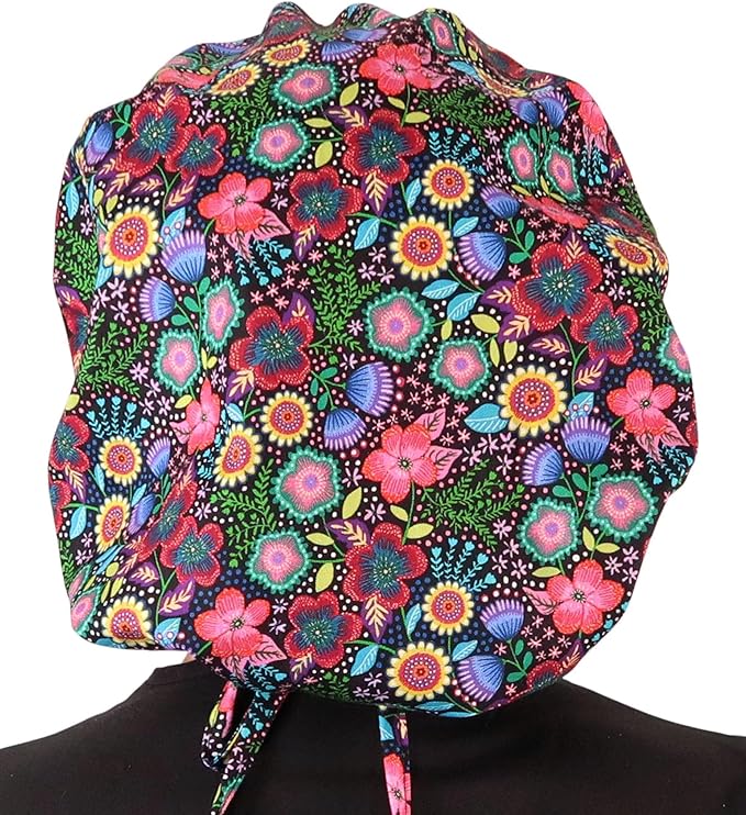 Sparkling EARTH Banded Bouffant Surgical Scrub Ponytail Working Caps and Built-in Sweatband - 100% Cotton - Made in The USA