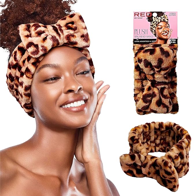 Red by Kiss Spa Headband for Washing Face Facial Makeup Bow Head Band Soft Plush Fleece Stretchy Head Wraps for Women Shower Bath Washing Face Mask (LEOPARD)