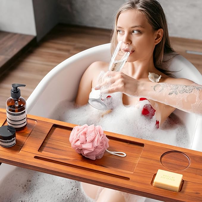 Luxury Teak Bathtub Caddy Tray - 35" Expandable Bath Bridge for Freestanding & Standard Tubs - Water-Resistant Solid Wood Spa Organizer with Wine Glass, Phone Holder & Non-Slip Grips