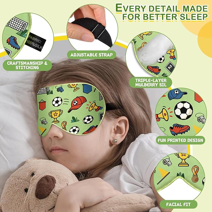 Kids Silk Sleep Mask: 100% Mulberry Silk Eye Mask with Adjustable Strap, Cute Sleeping Blindfold for Boys Girls Teens, Soft & Lightweight Eye Shade for Travel, Nap, Bedtime (Soccer Cute Print)