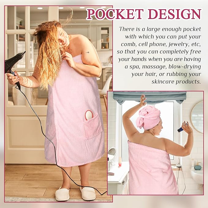 Tigeen Plus Size Towel Wrap for Women Spa Robe Set with Shower Hair Drying Turban Cap Towel Headband Adjustable Bathrobe