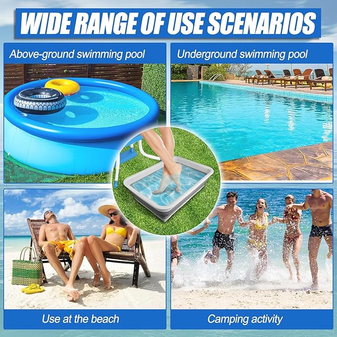 Pool Foot Bath Tray for Swimming Pool, Non- Slip Collapsible Foot Bath for Pool, Portable Foot Tub for Pool for Above Ground Pool Accessories, Rinse Feet Keep Pool Clean (Grey + White)