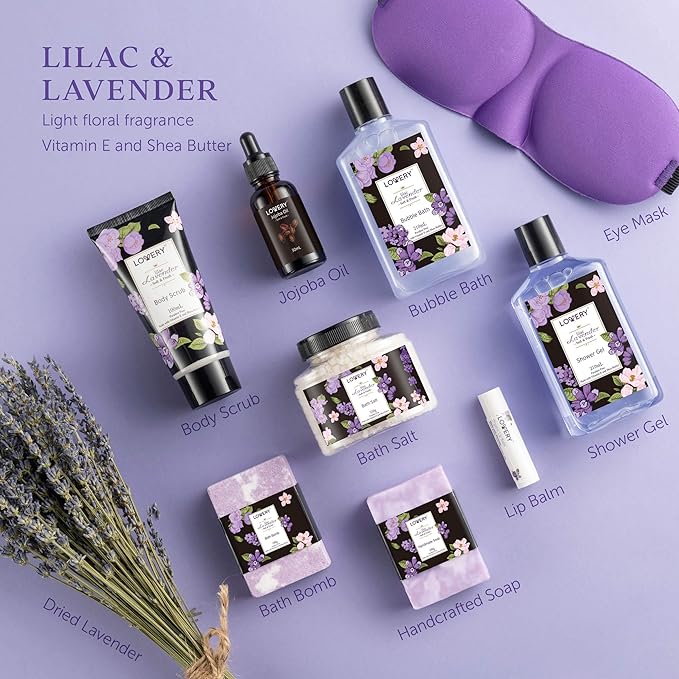 Mothers Day Gifts for Mom, Lavender & Lilac Spa Gift Basket For Women & Men, Handmade Soap, Potpourri, Bath Bomb, Jojoba Oil, Organic Lip Balm & More - Stress Relief Set, Bath & Body Self Care Package