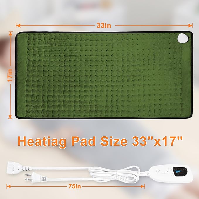 Deepsoon Heating Pad,Electric Heating Pads for Back,Neck,Moist Heating Pad for Abdomen Shoulder Knee Legs,Dry/Moist Heat&Auto Shut Off,Mother's Day Birthday for Men and Women,Green Black,33x17 Inch