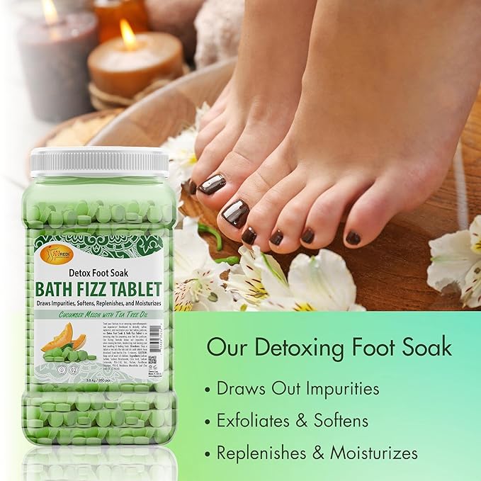 SPA REDI - Detox Foot Soak Fizz Tablets for Pedicure, Cucumber and Melon, 950 Count - Foot Bath with Tea Tree Oil, Aromatherapeutic, Draws Impurities, Softens, Replenishes and Moisturizes