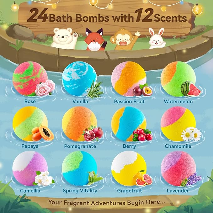 Bath Bombs for Kids with Surprise Inside – 24 Pack Handmade Bath Bombs with Glow-in-the-Dark Land & Sea Toys, Fizzy Bath Salt Balls, Birthday Party Favors for Boys and Girls
