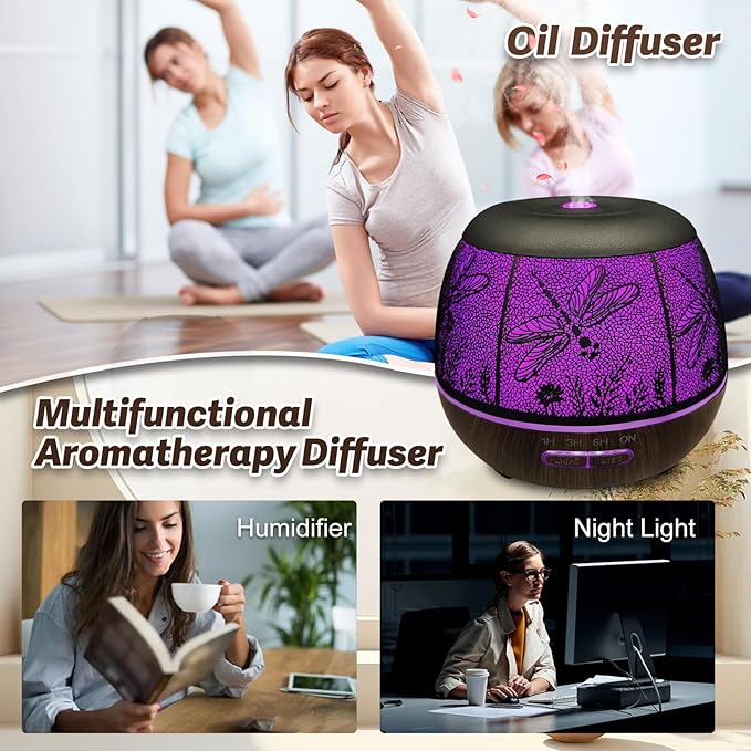 Roonbo Diffusers for Essential Oils Large Room 400ml,Essential Oil Diffuser for Home with R/C,Cool Mist Humidifiers for Bedroom,7 Colors Changed & 3 Mist Mode Waterless Auto Off for Decor Dragonfly
