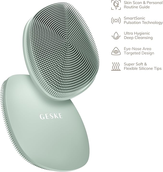 GESKE SmartAppGuided™ Facial Brush | 4 in 1 | Professional Facial Cleansing Brush | Skin Cleansing Silicone Facial Brush | Routine Skincare | Gentle Cleansing | Facial Cleanser
