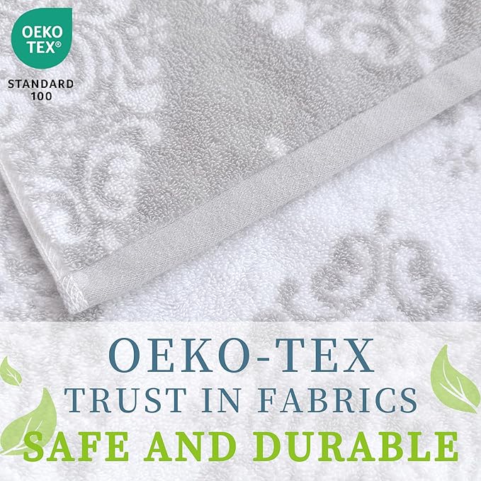 Towels for Bathroom - 100% Cotton | Soft | Quick Dry | Light Weight | Absorbent, 4 Hand 16"x27", 2 Bath 28"x52", Towel Set of 6, Grey Towels Bathroom Sets, Gray Damask Patterned Towels, Gray and White