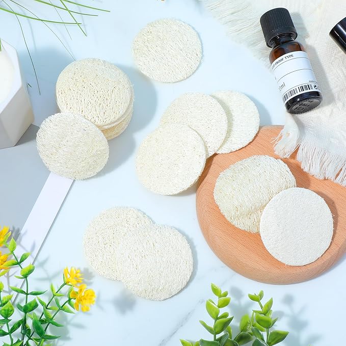 Nogeqi 20 Pcs Natural Loofah Sponge Pads for Washing Face, Exfoliating Body Face Scrub Pads for Makeup & Dead Skin Masks Removal, Exfoliating Face Pad for Women Men Cleansing Skin(2.17 Inch)