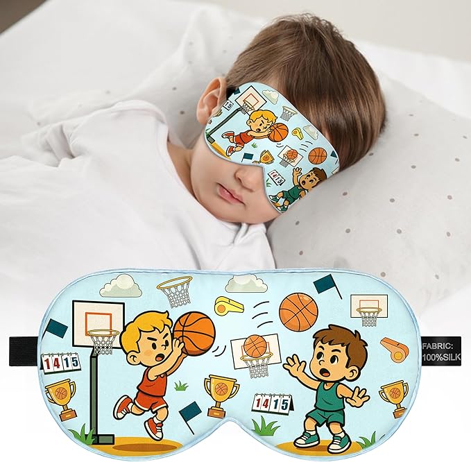 Kids Sleep Mask – 100% Mulberry Silk Eye Mask with Adjustable Strap, Soft Light Blocking Sleeping Mask for Children, Cute Printed Eye Cover for Boys Girls Ages 5-15 (Basketball Style)