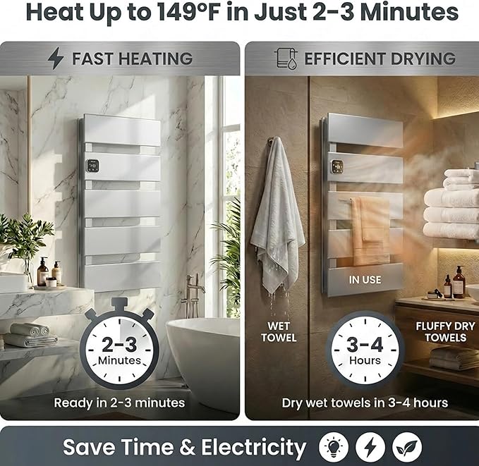 Electric Towel Warmer, Heated Towel Rack with Thermo Control and Timer, Fast Heating Towel Rail for Bathroom with Memroy Function, Work with Smart Plug, Left-Wiring, 5 Panel, Silver