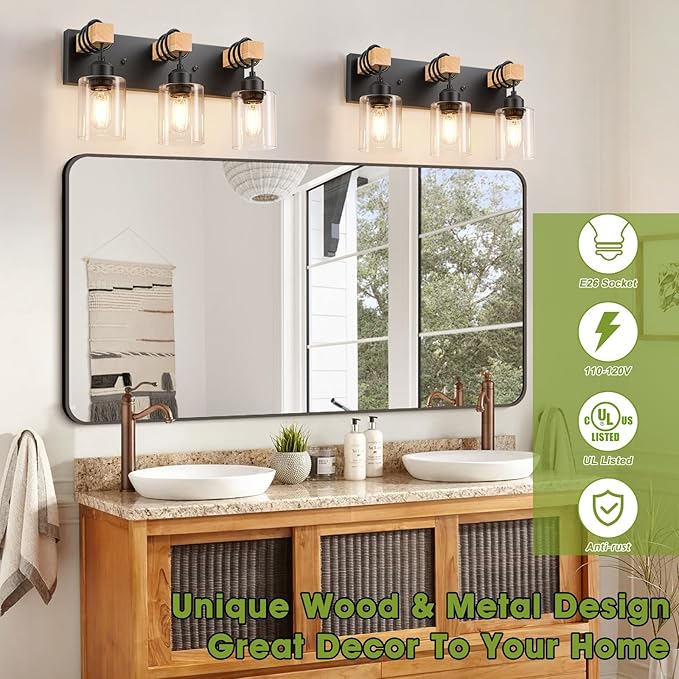 Licperron Farmhouse 3-Lights Wood Bathroom Vanity Light, Rustic Black Bathroom Light Fixtures Over Mirror, Vintage Vanity Wall Sconce Light with Clear Glass Shades for Living Room, Bedroom, Hallway