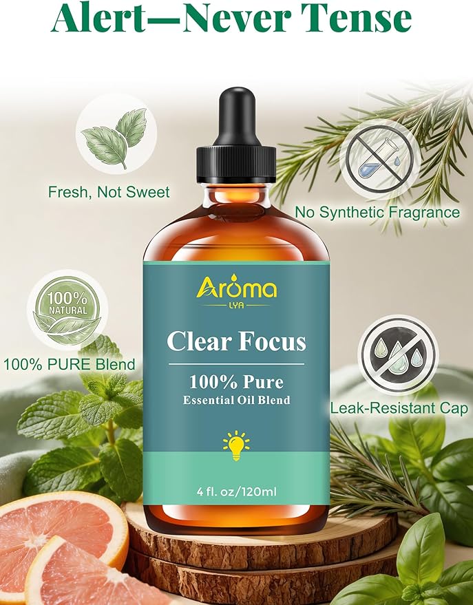Clear Focus — A 100% Pure Essential Oil Blend, Cool-Citrus Herbal Blend that Keeps The Mood Alert and Focused, Fresh—Never Tense, Essential Oils for Diffusers for Home