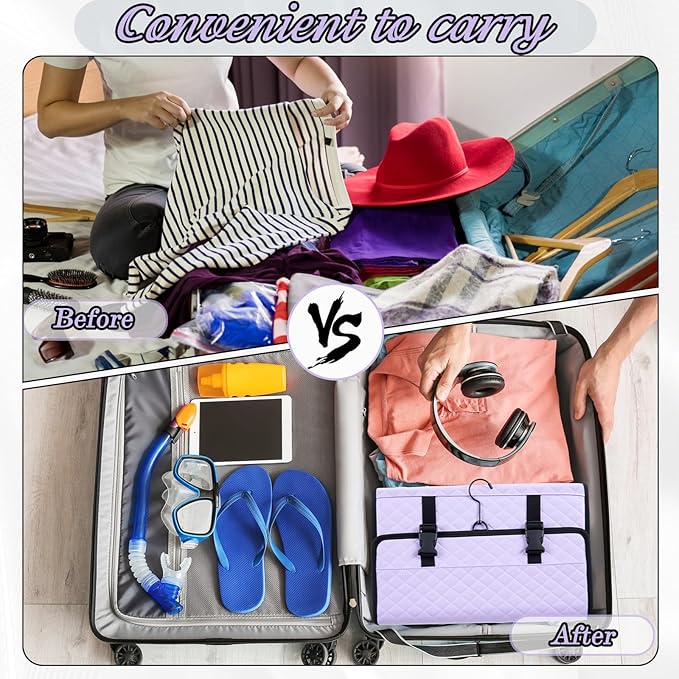 Travel Hanging Toiletry Bag with Mirror Leather Travel Hanging Mirror Foldable Dance Competition Makeup Bag Backstage Cosmetic Organizer for Traveling Dancers Spa(Classic,Purple)
