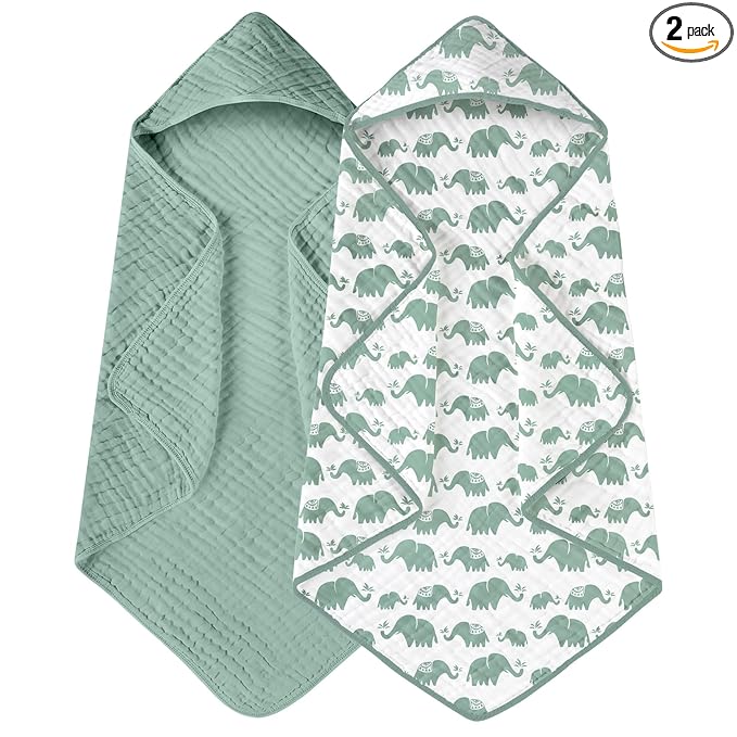 Yoofoss Hooded Baby Towels for Newborn 2 Pack 100% Muslin Organic Cotton Baby Bath Towel with Hood for Babies, Infant, Toddler and Kids, 32x32Inch, Soft and Absorbent Newborn Essential, Green Elephant