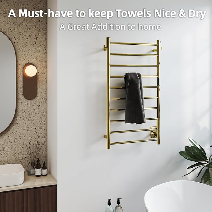 P&Dlusir Towel Warmer, Heated Towel Rack with Smart Timer and Thermo Control, Wall-Mounted Heated Towel Rail, Stainless Steel, Hard-Wired/Plug-in, Polished Gold, 10 bar