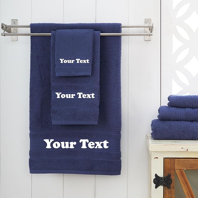 Personalize Your Towels with Custom Embroidery: Names, Monograms, and Initials. Perfect For Kids, Adults, Pool, Travel, Gifts 3-Piece Towel Set 1 Bath Towel, 1 Hand Towel, and 1 Wash Cloth - Navy Blue