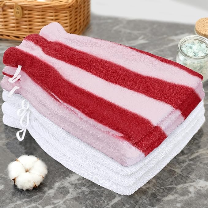 VOOVA & MOVAS 6-Pack Bath Mitts for Shower, 100% Cotton Soft Absorbent Wash Cloths with Hanging Loop, 8.3x6.3 Inch European Style Bathing Gloves for Body & Spa, Pink Red Stripe & White