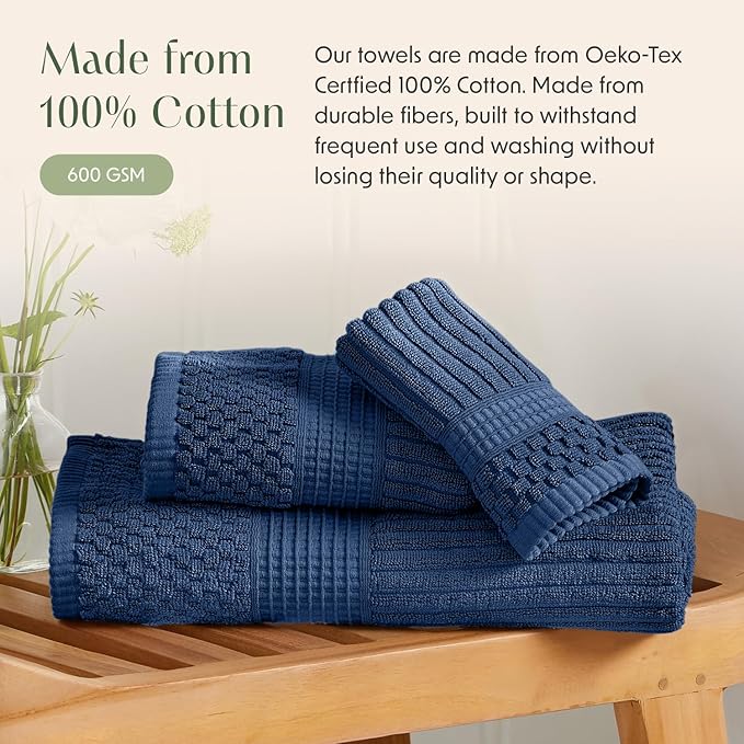 Springtree Home 100% Cotton Bath Towel Set | 6 Piece Set | Absorbent & Quick-Dry Bath Towels | Textured and Durable Cotton | Krista Collection - Navy