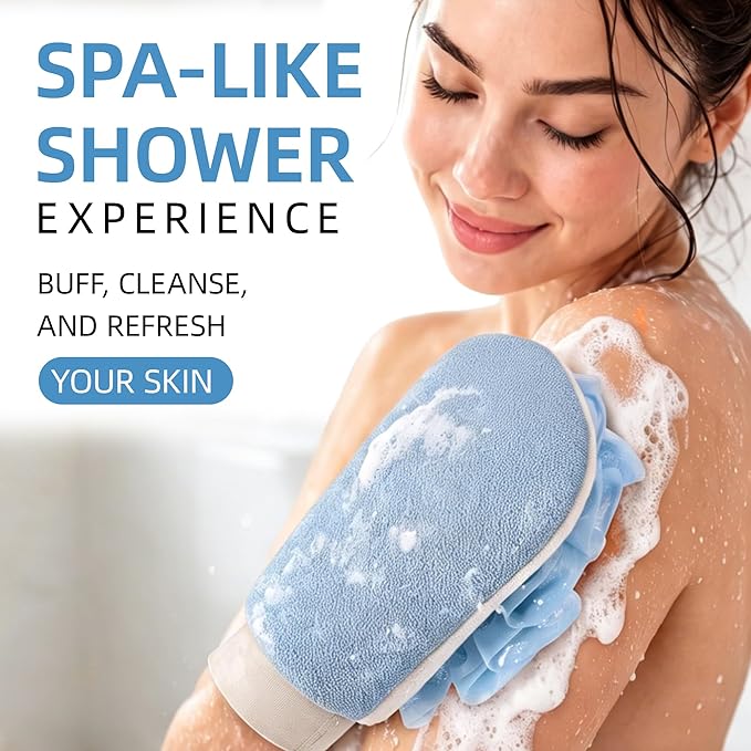 2-in-1 Exfoliating Glove for Self Tan Removal & Daily Shower, Dual-Sided Korean Body Scrubber Mitt with Loofah Sponge, Dead Skin Remover for KP, Ingrown Hair & Smooth Skin