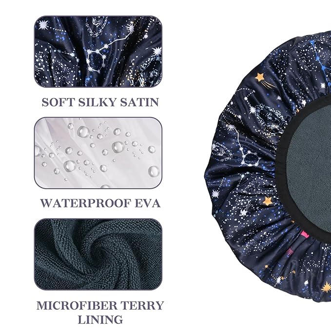 Navy Astral Print Satin Shower Cap, Three-Layer Terry Cloth Lined, with Silk Hair Ties, Microfiber Waterproof Reusable Large Size Shower Cap for Women Long Thick Hair