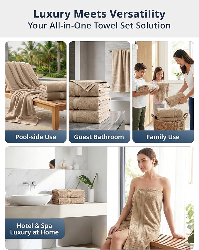 LANE LINEN 100% Cotton Bath Towels Set of 4 (28"x54") - Zero Twist, Cotton Bathroom Towel Sets - Quick Dry, Highly Soft & Absorbent Large Shower Towels for Bathroom - Sustainabaly Produced - Taupe