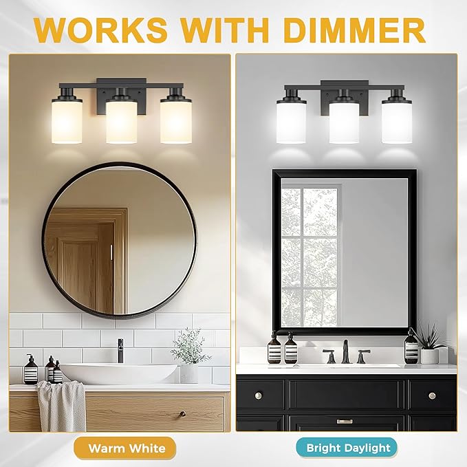 L LOHAS LED Black Bathroom Light Fixtures, 3-Light Vanity Light Over Mirror, Wall Sconces with Milky White Frosted Glass Shades, ETL Listed