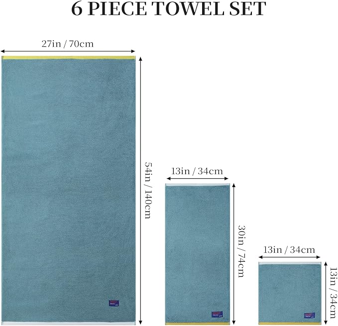 REDKISS 6 Piece Luxury Bath Towel Set, 2 Bath Towels, 2 Hand Towels, 2 Washcloths, 100% Cotton Ultra Soft Highly Absorbent Quick Dry Towels for Bathroom, Gym, Spa, Hotel, Sky Blue