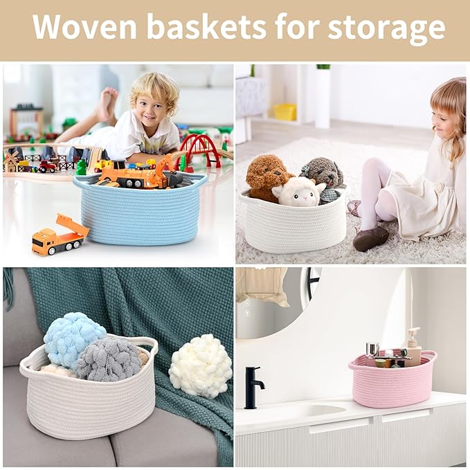 Happyiren Baby Blue Cute Woven Storage Basket with Handle, Baskets for Gifts Empty, Gift Baskets for Valentines Day, Baby Shower, Burr, Raffle Fundraiser, Decorative Organizer Box for Baby Toy Pet