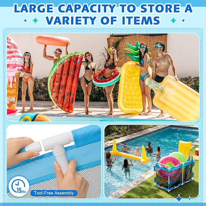 Briwooody 333 Gallon Pool Float Storage, 65" Swimming Pool Storage Organizer Rolling Bin with Zipper and Hooks for Outdoor Noodles, Toys, Towels, Floats, Beach Balls (Single Tier,65 x 37.4 x 31.9in)