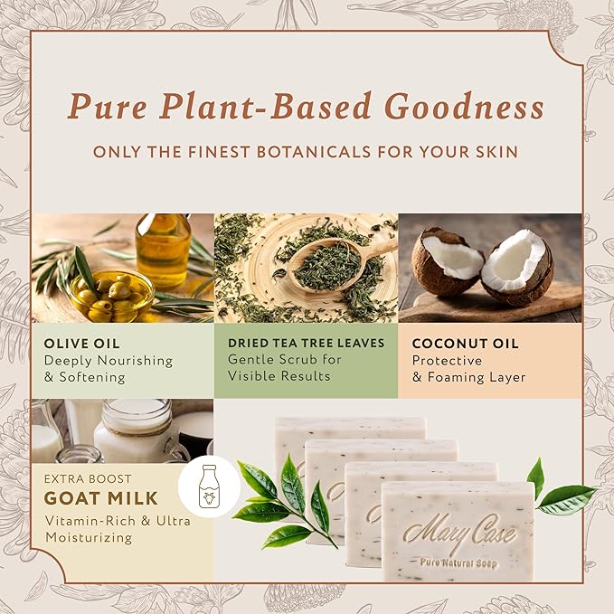 Mary Case Goat Milk & Tea Tree Bar Soap Set of 4 | Natural Soap with Olive, Coconut & Tea Tree Oils + Dried Tea Tree Leaves | Bath Soap for Men & Women | Gentle Cleansing, Purifying & Balancing Skin