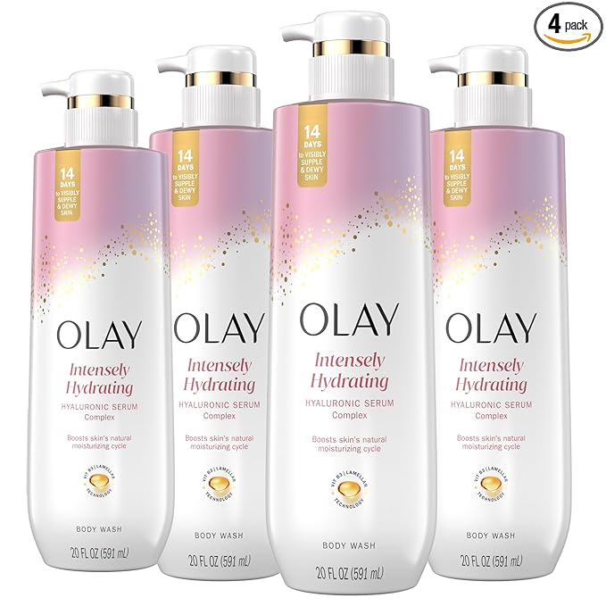 Olay Body Wash for Women, Intensely Hydrating, Hyaluronic Acid Serum Complex, Renews Moisture, Free of Parabens & Phthalates, Vitamin B3 Lameller Technology, For All Skin Types, 20 fl oz (Pack of 4)