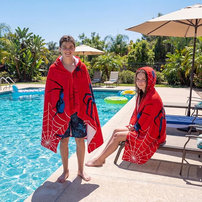 Peryiter 1 Pcs Spider Hooded Bath and Beach Towel 100% Cotton Pool Towels Wearable Bath Poncho Wrap for Swimming Shower Pool Travel Trips Vacations Cozy Absorbent Soft Beach Blanket